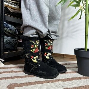 Rare Y2K Ed Hardy Black Embroidered Boots with Red and Yellow Accents